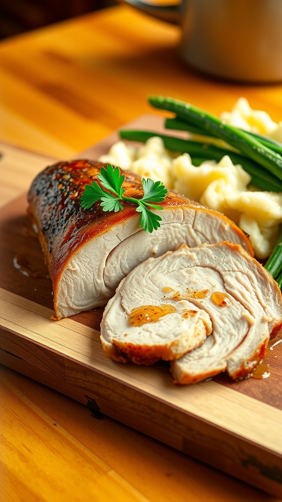 Tender slices of pork loin on a cutting board with mashed potatoes and green beans, garnished with parsley.